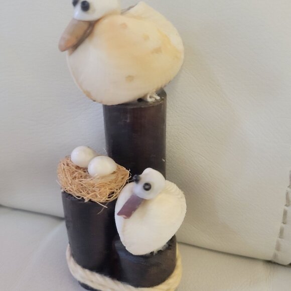 Handcrafted Seashell Pelican Seagull Family Figurine Pier Unique Nautical Decor - Picture 4 of 16